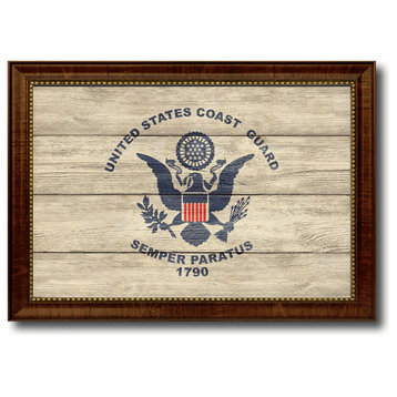 US Coast Guard Military Textured Flag Print With Brown Gold Frame, 23"X33"