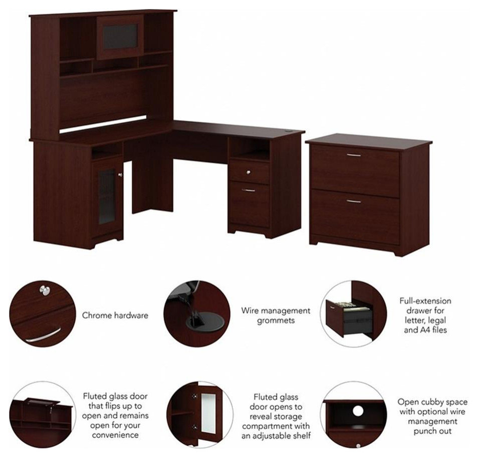 Cabot 60W L Desk with Hutch and Lateral File Cabinet in White ...