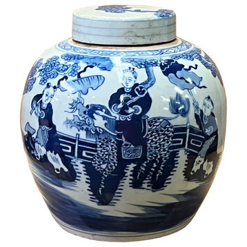 Chinese Hand-paint Kid Kirin Blue White Porcelain Ginger Jar Hws2817