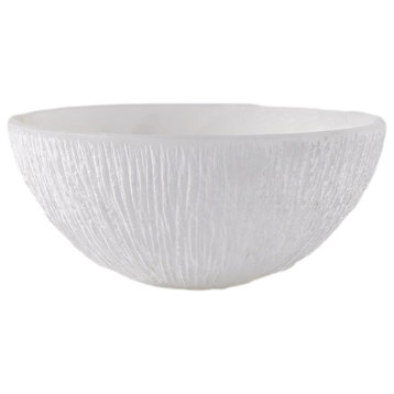 Elegant Carved White Alabaster Stone Bowl 8" Ribbed Chiseled Centerpiece