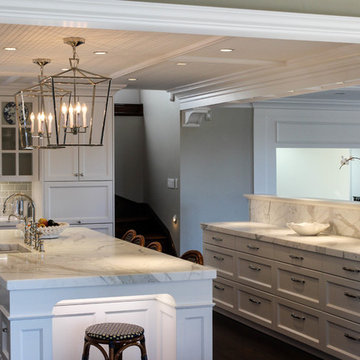 Great room/kitchen with white marble