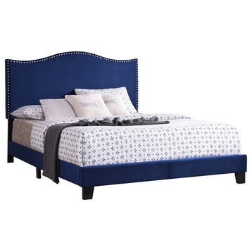 Full Blue Velvet Nailhead Transitional Upholstered Panel Bed