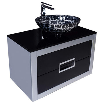 Danya Leather Vanity, Black and Silver, 32", Single Sink, Wall-mounted