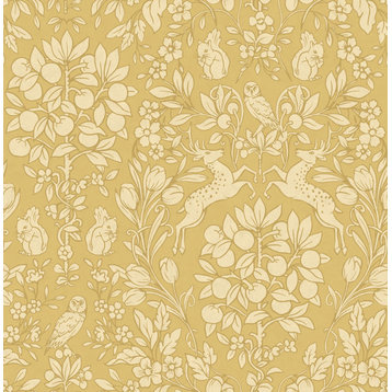 M1689 Richmond Floral Owls Squirrels Deer Wallpaper in Mustard Yellow Colors