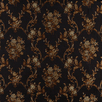 Midnight Gold And Ivory Embroidered Floral Brocade Upholstery Fabric By The Yard
