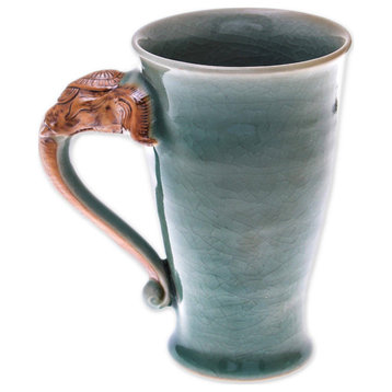 NOVICA Elephant Handle In Green And Celadon Ceramic Mug