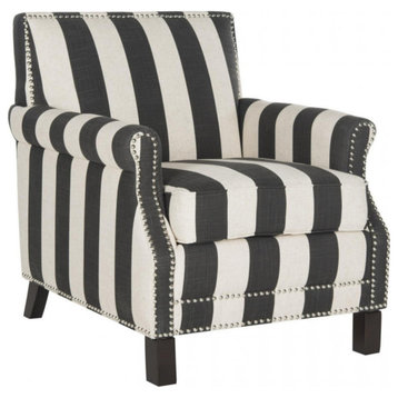 Jennifer Club Chair With Awning Stripes Silver Nail Heads Dark Gray/White