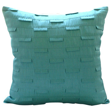 Pintucks 22"x22" Art Silk Aqua Blue Cushion Covers, Blue Ocean