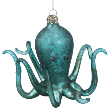 Teal Green Octopus Glass Christmas Holiday Ornament