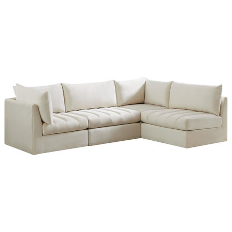 Jacob Velvet Upholstered 4-Piece L-Shaped Modular Sectional, Cream