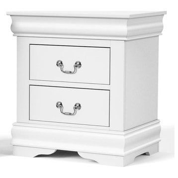 Set of 2 Classic Nightstand, 2 Storage Drawers With Antique Pull Handles, White