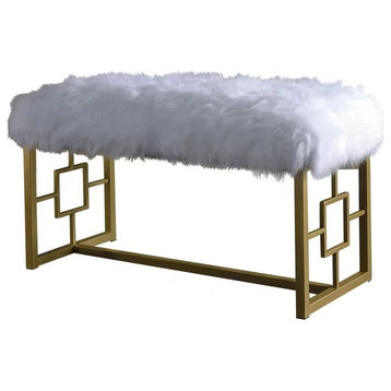 Unique Accent Bench, Geometric Patterned Sled Base & Faux Fur Seat, Gold/White