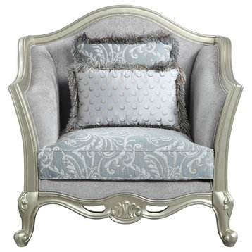 ACME Qunsia Chair With 2 Pillows, Light Gray Linen and Champagne Finish