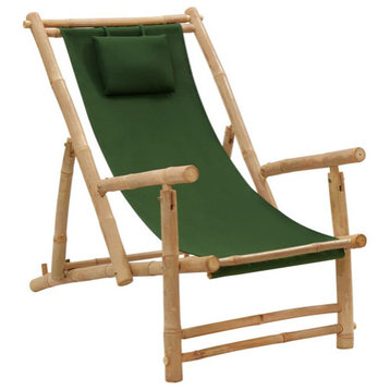 vidaXL Deck Chair Patio Sling Chair for Balcony Porch Bamboo and Canvas Green