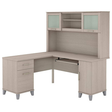 Transitional Desk, L-Shaped With Hutch, Perfect for Space Saving, Sand Oak