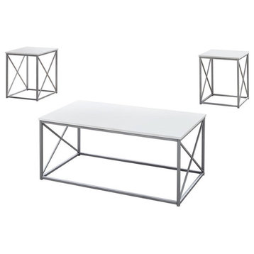 Table Set 3pcs Set Coffee End Side Accent Living Room Metal White Grey