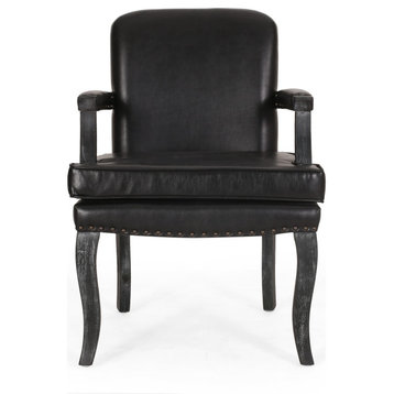 Tim French Country Upholstered Dining Arm Chair With Nailhead Trim, Midnight Black/Gray, Pu/Rubber Wood