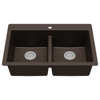 Karran 33" Top Mount Double Equal Bowl Quartz Kitchen Sink, Brown