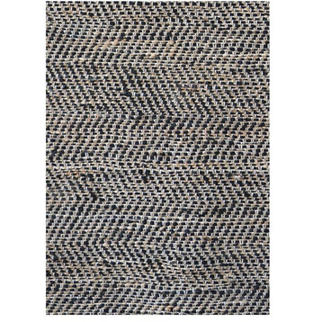 Chevron Handwoven Leather and Jute Flatweave Rug, Black and Gold, 8'x11'
