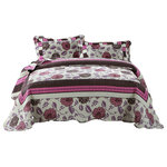 Collection - DaDa Bedding Floral Chrysanthemum Vines Pink Purple Quilt Coverlet Bedspread Set - Enjoy the lovely brightly toned pink & brown flowers with purple vines on a white background in this gorgeous Chrysanthemum Vines Bedspread Set by Collection. This elegantly designed light weight patchwork quilt set is ideal for any home with a colorful toned shade of decor accents perfectly in the bedroom. To complete the look, it is finished off with a solid brown border going around the center of the bed. The reverse side of the spread is all striped diagonally with multiple red and orange stripes. Made with polyester microfiber and contains 50% cotton and polyester filling created for your comfort for the softest and coziest material.