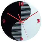 Games Of Colors - Wall Clock Yin And Yang - This elegant beautiful wall clock (D=12") is a combination of classical colors: white, black and red. Black and white "Yin and Yang" shapes merge with each other as stripes. Red hands and numbers add a charm.