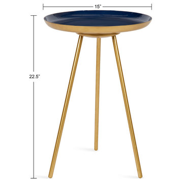 Laranya Round Metal Side Table, Navy Blue/Gold 15x15x22.5