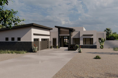 Foto de fachada de casa beige y negra minimalista grande de una planta con revestimiento de estuco, tejado plano y tejado de metal