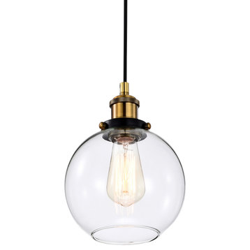 1-Light Black and Antique Brass Mini Pendant Light With Clear Globe Glass Shade