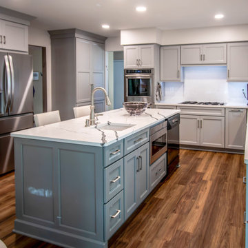 Custom Two Tone Gray Kosher Kitchen with Quartz Countertops