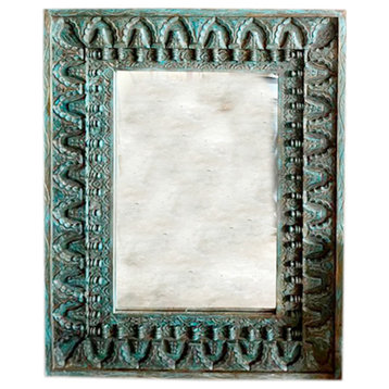 Hand Carved Mirror Frame, Blue Carved Wood Mirror, Handmade Mirror, Wall Mirror