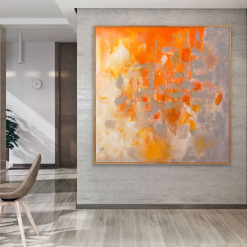 Explode- 48x48 inch Original Large Modern abstract orange Painting MADE TO ORDER