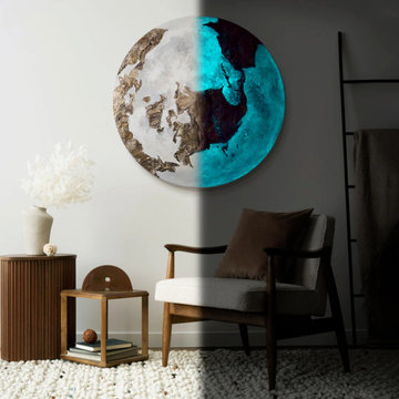 Space wall art - glow in the dark round canvas art "Golden Earth"