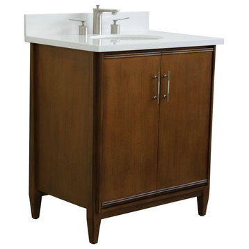 31" Single Sink Vanity, Walnut Finish, White Quartz With Oval Sink