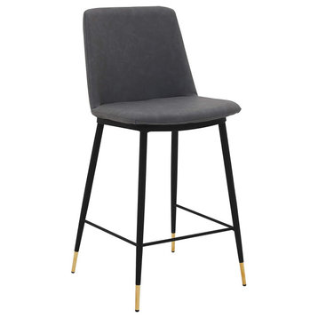 Modern Counter Stool, Black Legs With Golden Caps & Armless Grey PU Leather Seat