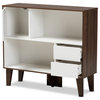 Modern Two-Tone White and Walnut Brown Finished Wood 2-Shelf Bookcase