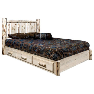 Montana Woodworks Wood Queen Platform Bed with Engraved Wolf in Natural