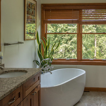 Master bath featuring a rustic character cherry vanity cabinet