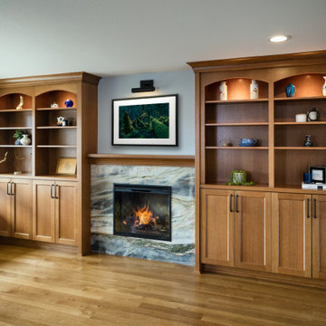 Stone Fireplace & Golden Oak Bookcases