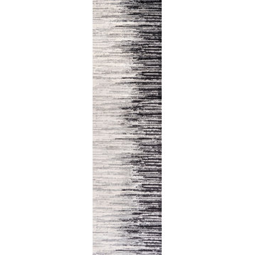 Linear Modern Half-Stripe Area Rug, Gray/Cream, 2 X 8
