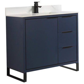 Opulence Bath Vanity, Navy Blue, 36", Black Hardware, White Carrara Top