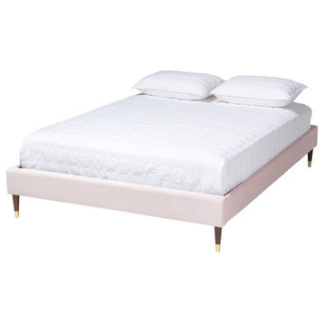 Issy Luxe Velvet Wood Platform Bed Frame With Gold-Tone Leg, Light Pink, Full