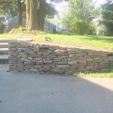 Flat Fieldstone Walls, Cape Cod Paver Platforms and Walkway, w/ Accent Lighting