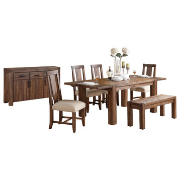 Millstone 7PC Table, 4 Wood Chair, Bench & Sideboard Dining Brown