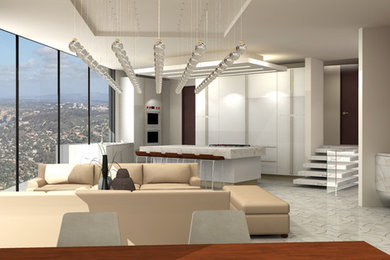 Foto di un grande soggiorno minimal aperto con sala formale, pavimento in marmo, camino bifacciale e nessuna TV