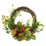 Creative Displays - 28" Fall Wreath with Hydrangeas, Pomegranates, and Lemons - Get ready to be swept away by the bold colors and eye-catching textures of our 28" pomegranate, hydrangea and lemon wreath! Handcrafted with love and care for you and your home, this unique wreath is a statement piece that you'll never get tired of displaying. The beautiful combination of pomegranates, ivy, comfortable hosta leaves, cheerful orange hydrangeas, refreshing green hydrangeas and vibrant lemons will surely create a welcoming atmosphere in your home or office.