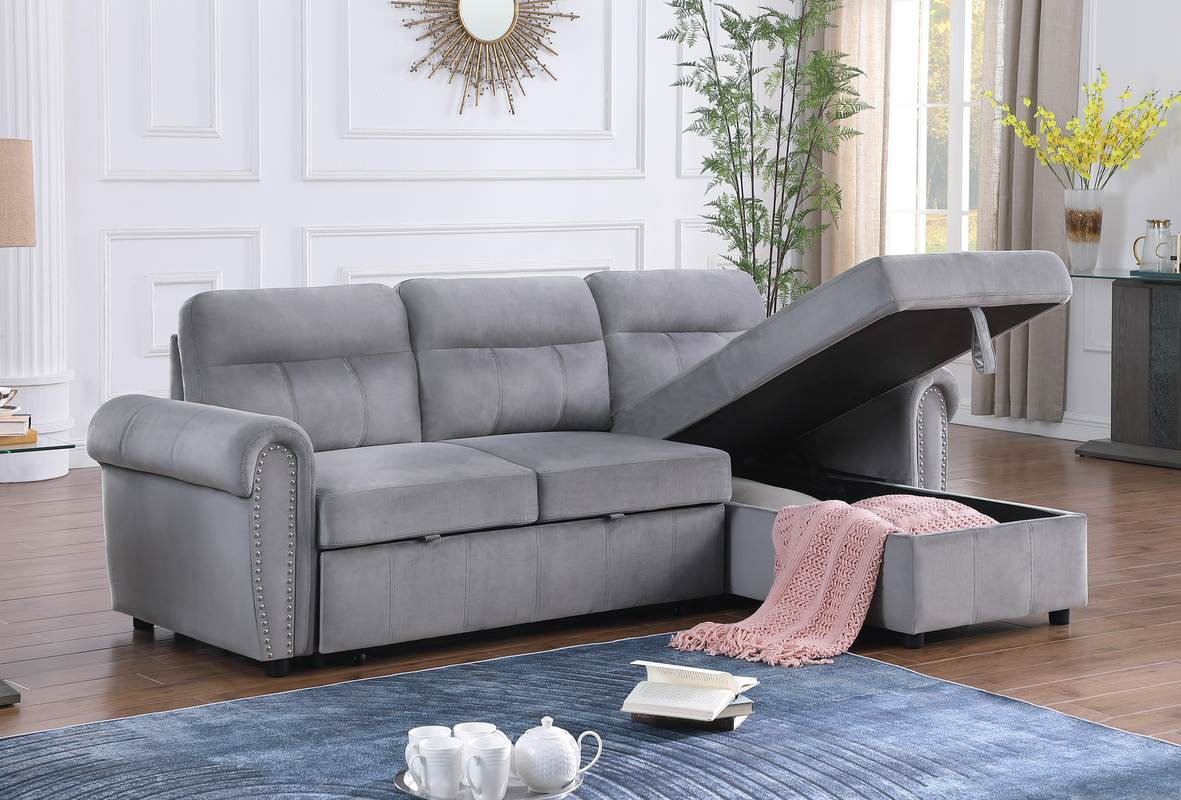 Ashton Velvet Fabric Reversible Sleeper Sectional Sofa Chaise ...