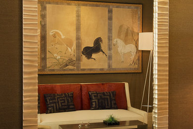 Inspiration for a small contemporary freestanding desk carpeted and brown floor study room remodel in San Francisco with green walls