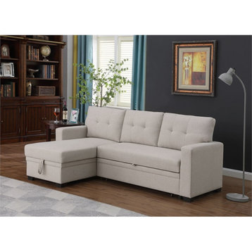 Devion Furniture Polyester Fabric Reversible Sleeper Sectional Sofa-Beige