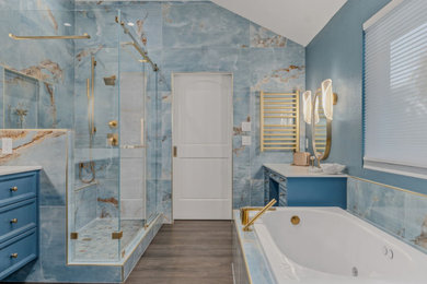 Example of a large tuscan master blue tile and porcelain tile ceramic tile, brown floor, double-sink and vaulted ceiling bathroom design in Dallas with shaker cabinets, blue cabinets, an undermount tub, a bidet, blue walls, an undermount sink, quartzite countertops, white countertops, a niche and a floating vanity