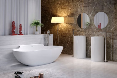 Inspiration for a contemporary bathroom in Sydney with a pedestal sink and a freestanding tub.